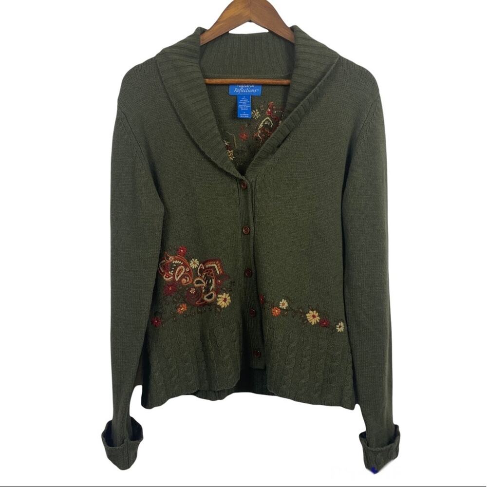 Natural Reflections‎ Green Wool embroidered Cardigan Woodsy Granola girl Medium